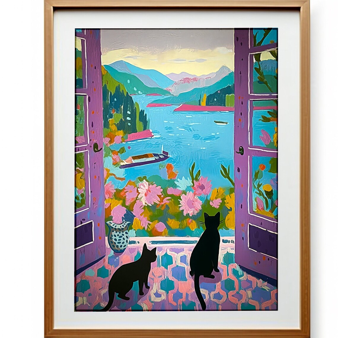 Two Black Cats At Open Window Purple Shutters Matisse Style Fauvist Print - Image 3