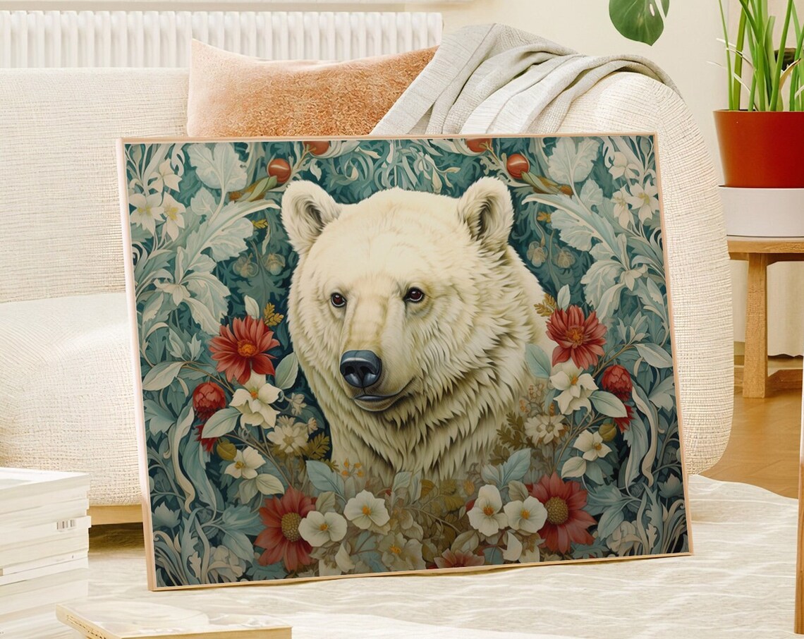 White Bear Floral Portrait Vintage Teal Botanical Art Poster