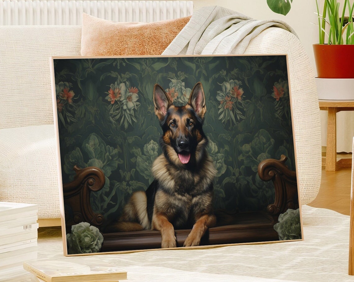 German Shepherd Lying Down On Dark Floral Bench Portrait Poster