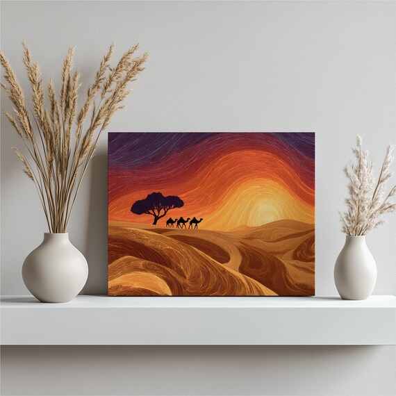 Desert Camel Sunset Canvas Wall Art Abstract Landscape Print Boho Decor Caravan Silhouette Vibrant Sky Sand Dune Artwork