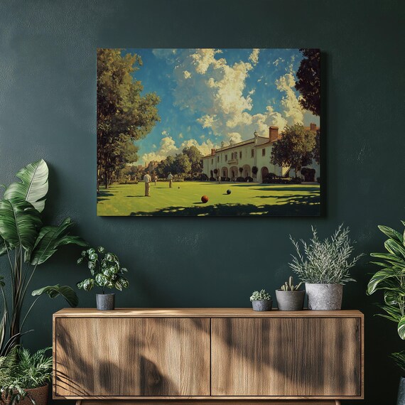 Vintage Lawn Bowling Game Manor House Green Friends Scene Poster
