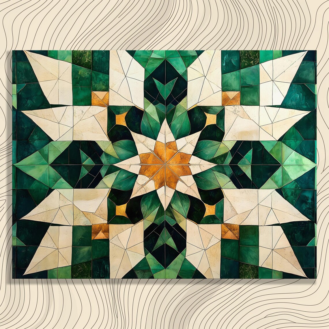 Green Beige Geometric Canvas Wall Art Abstract Mosaic Symmetrical Pattern Design Modern Print Minimalist Home Decor