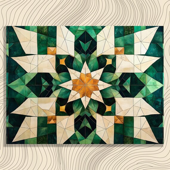 Green Beige Geometric Canvas Wall Art Abstract Mosaic Symmetrical Pattern Design Modern Print Minimalist Home Decor