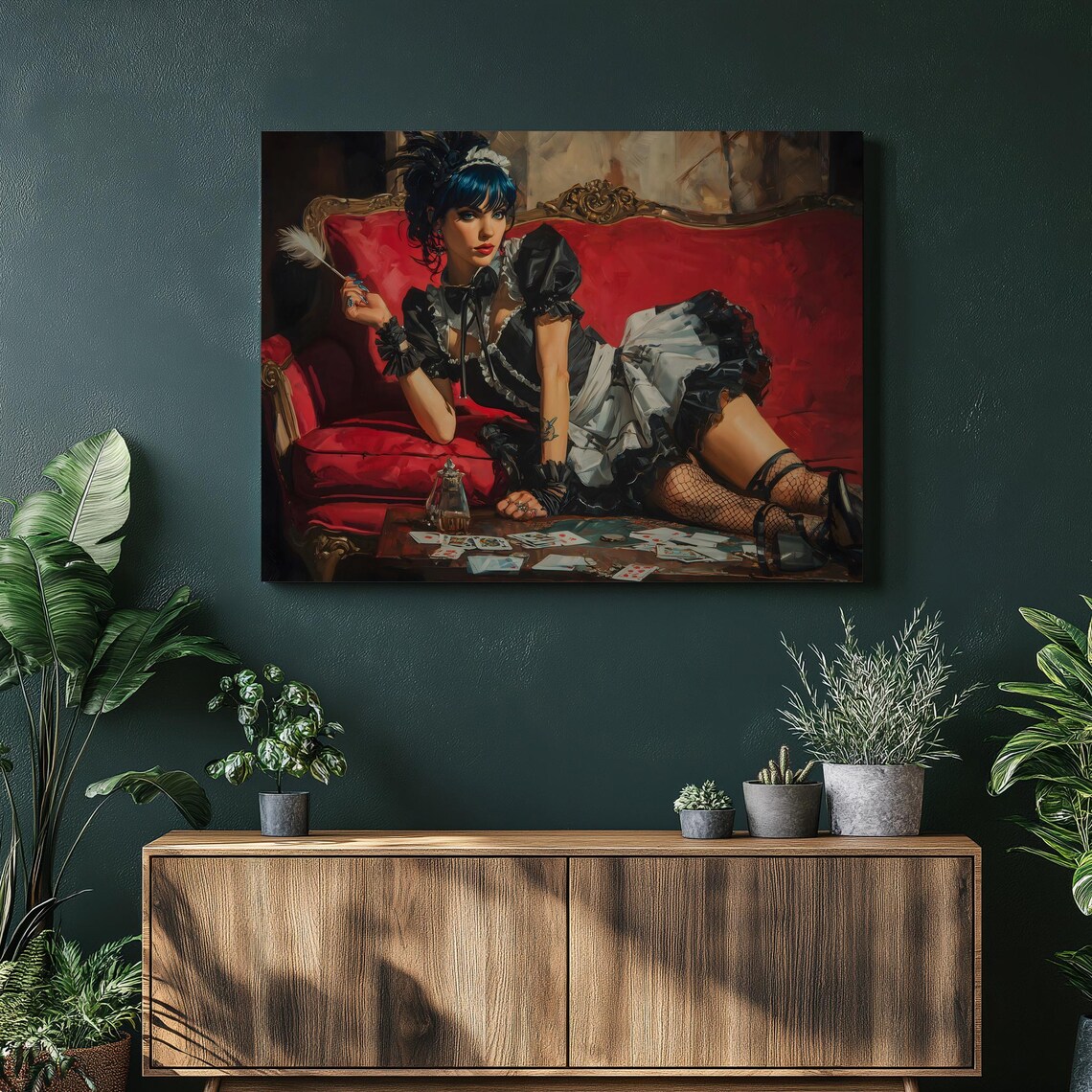 Vintage French Maid Pinup Red Velvet Sofa Retro Glamour Art Print