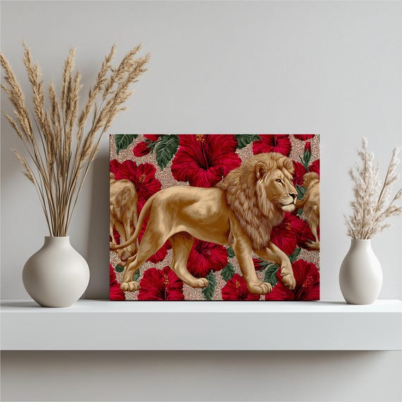 Majestic Lion Canvas Wall Art Tropical Floral Pattern Illustration Print Vibrant Hibiscus Botanical Decor Stylish Home Statement