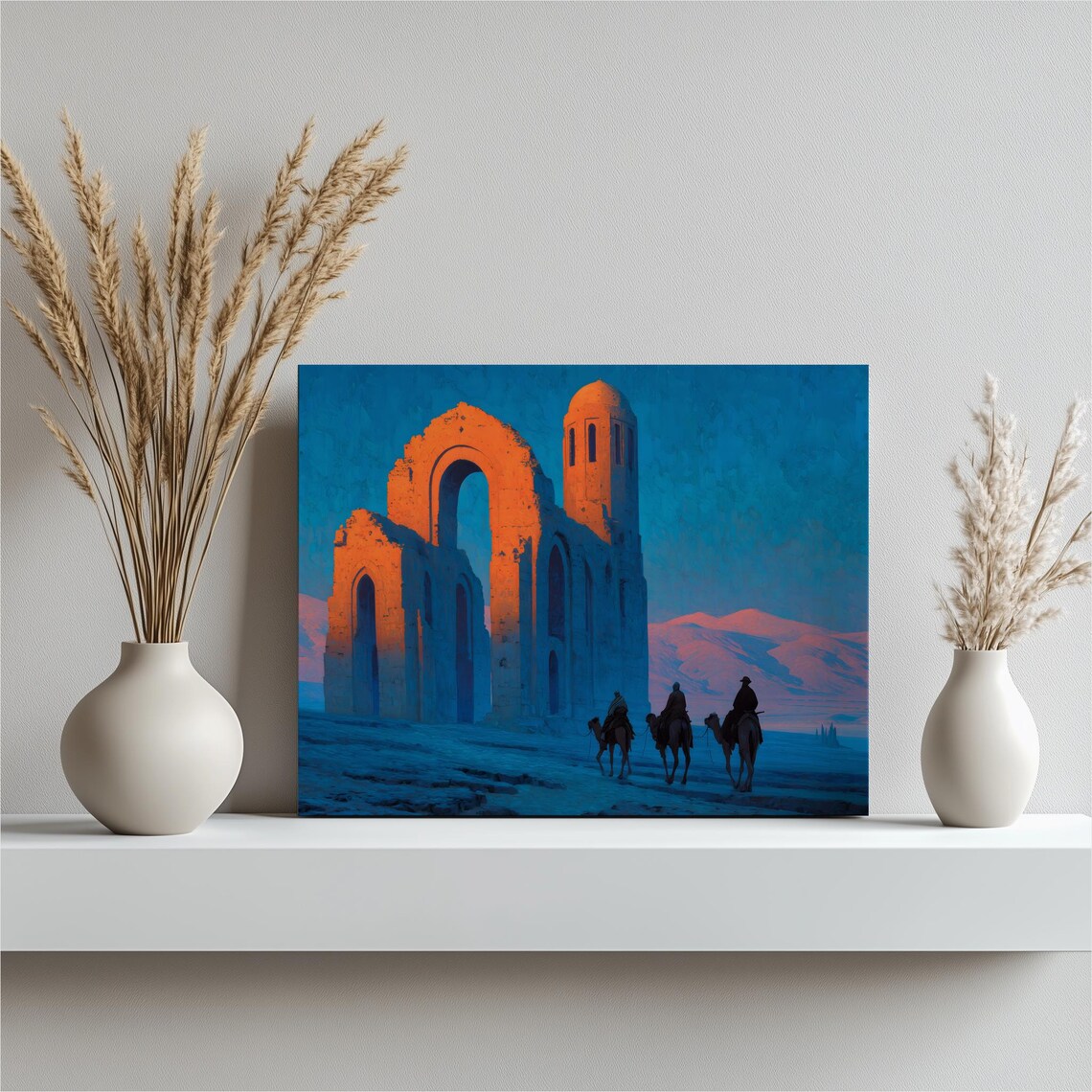 Desert Ruins at Dusk Camel Riders Orange Blue Travel Art Poster
