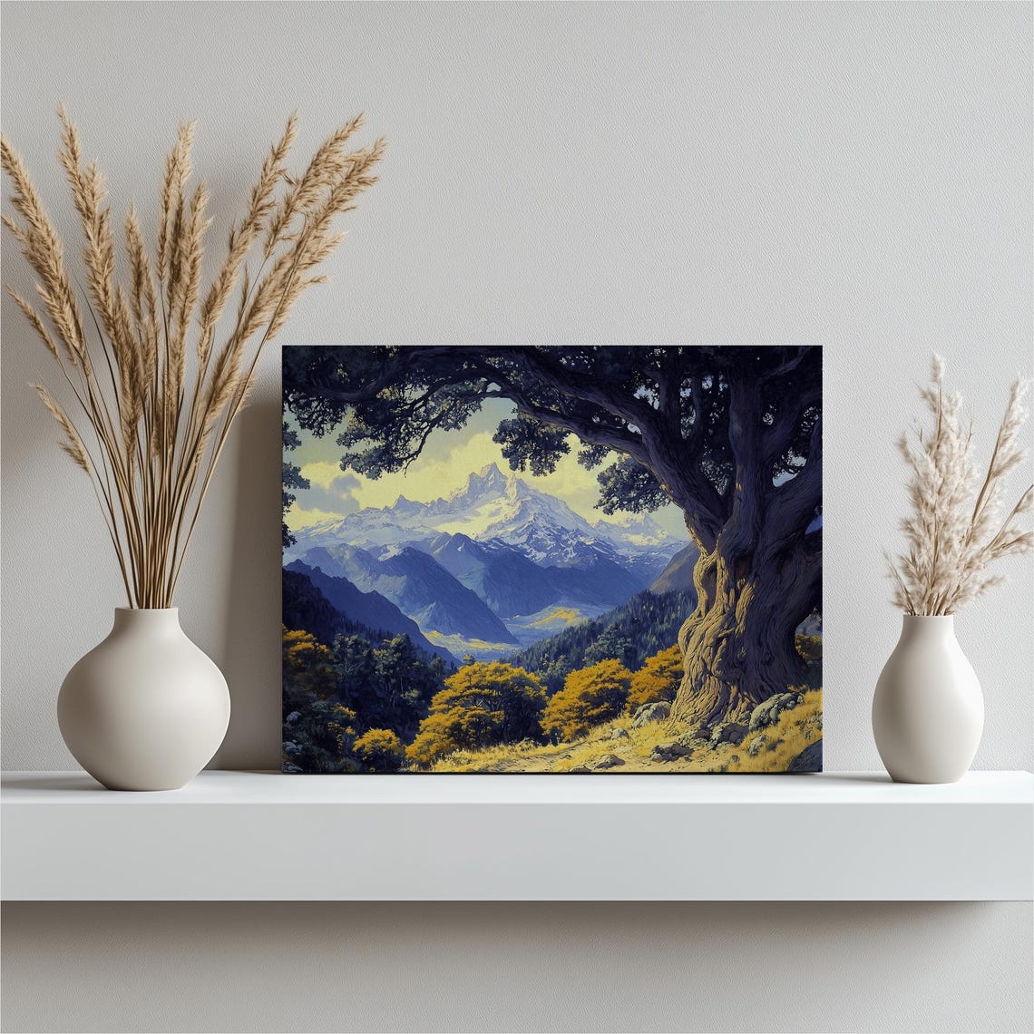 Snow Capped Mountain Landscape With Ancient Tree Canvas Print