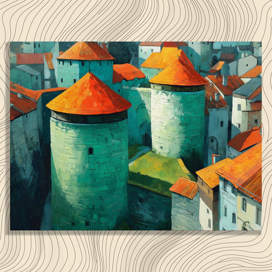 Medieval Stone Towers Orange Roofs Impressionist Old Town Art Poster