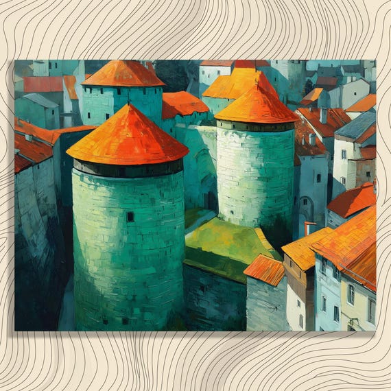 Medieval Town Canvas Wall Art Vintage Impressionist Landscape Painting Of Stone Towers Architecture Decor Print For Enthusiasts