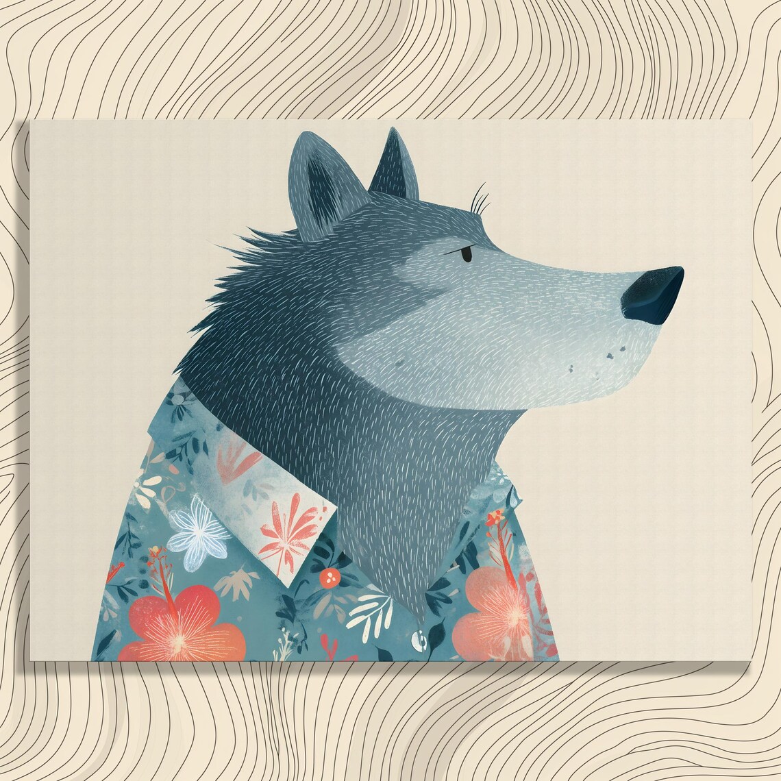 Wolf Wearing Floral Shirt Quirky Modern Boho Animal Art Poster