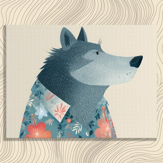 Blue Wolf Canvas Wall Art Floral Shirt Illustration Tropical Flower Botanical Print Colorful Animal Portrait Modern Boho Decor