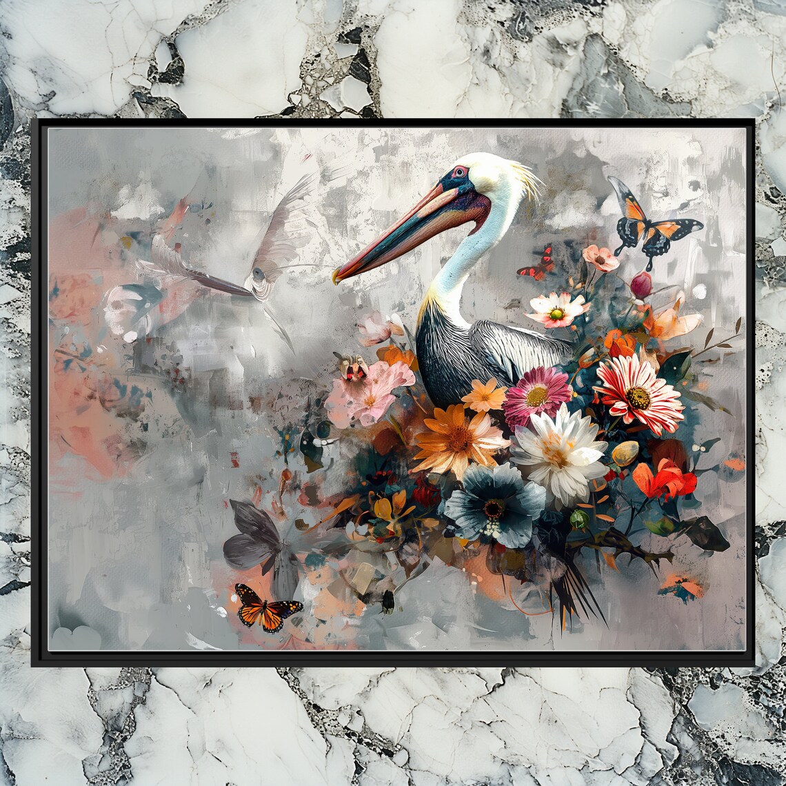 Pelican Canvas Wall Art Abstract Floral And Bird Design For Home Decor