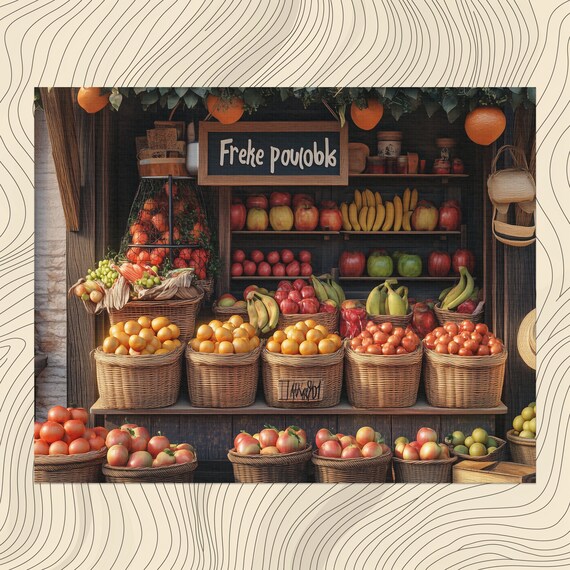 Rustic Fruit Market Stand Overflowing Wooden Baskets Art Poster
