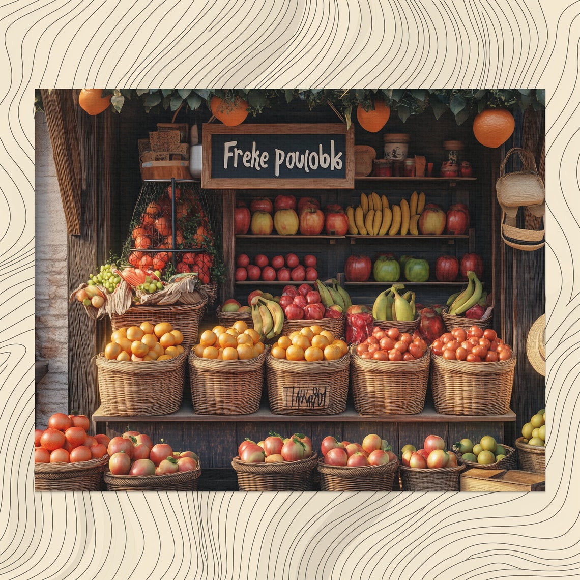 Rustic Fruit Market Stand Overflowing Wooden Baskets Art Poster
