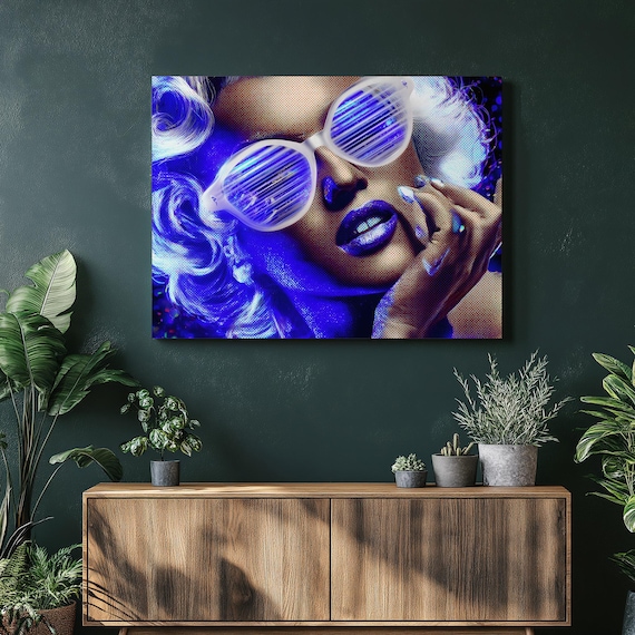 Blue Neon Pop Art Woman White Sunglasses Glam Portrait Poster