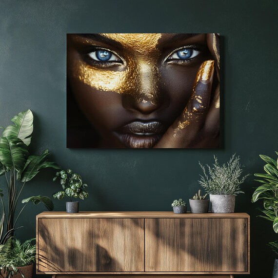 Gold Painted Face Blue Eyes Glamour Beauty Close Up Canvas Art Poster