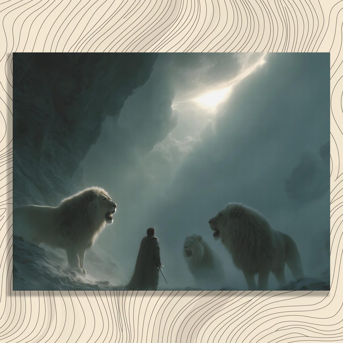 Dark Fantasy Warrior Boy Facing White Lions Moonlit Cave Art Poster
