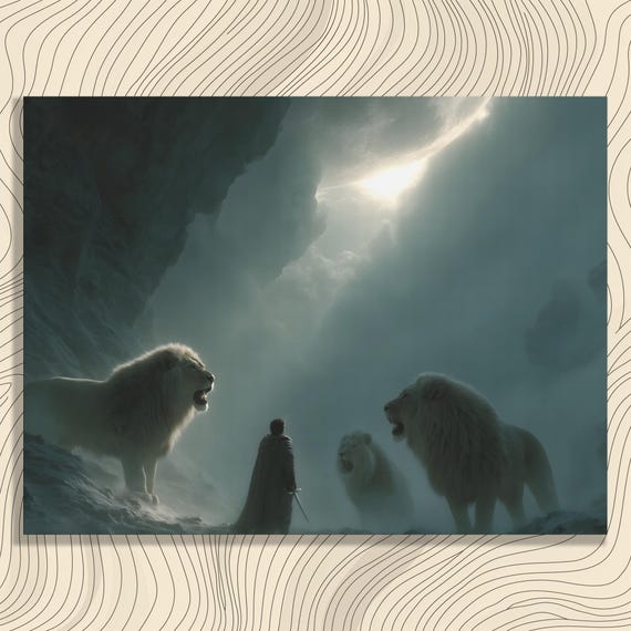 Mystical Lion Canvas Wall Art Dark Fantasy Artwork Sword Battle Scene In Moonlight With Courage And Majestic White Lions Decor Print