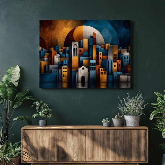 Abstract Cityscape Canvas Wall Art Geometric Skyline Blue Orange Modern Architecture Moonlit Reflection Contemporary Decor Print
