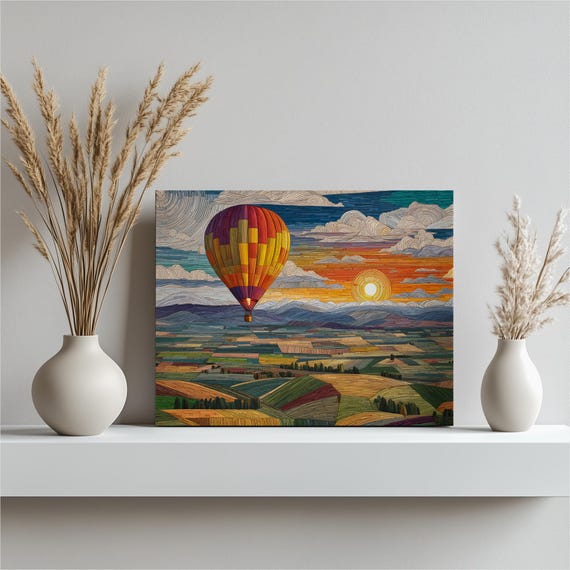 Hot Air Balloon Canvas Wall Art Colorful Sunset Landscape With Patchwork Farmland Rolling Hills Aerial View Mosaic Countryside Decor