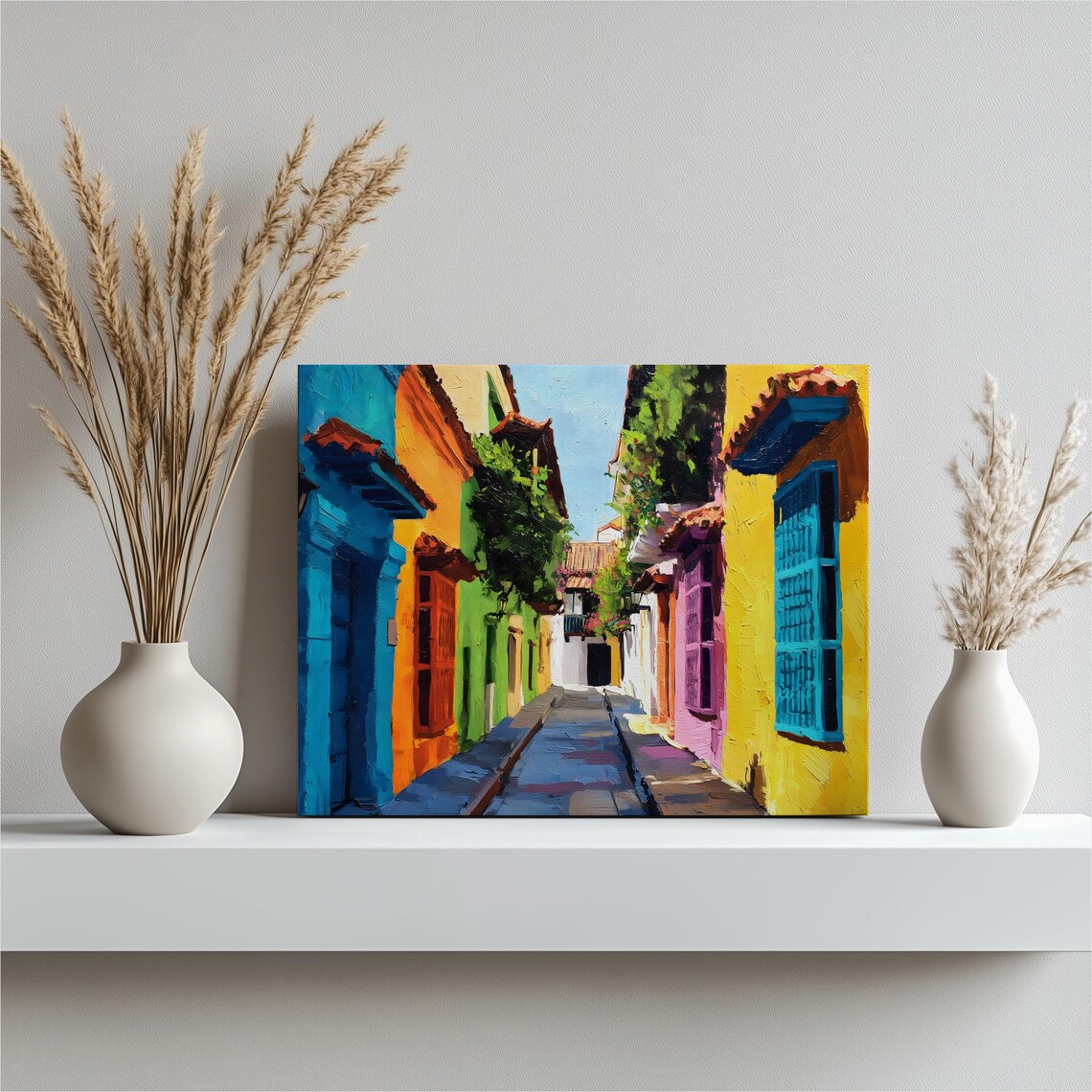 Colorful Colombia Tropical Street Scene Oil Painting Art Poster