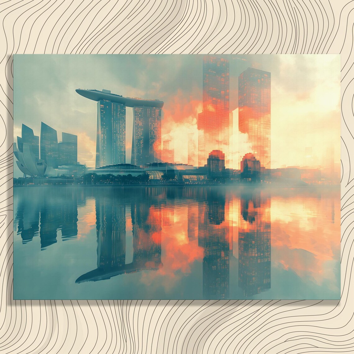 Surreal Cityscape Reflection Canvas Wall Art Modern Architecture Design Print Featuring Futuristic Water In Blue Orange Tones