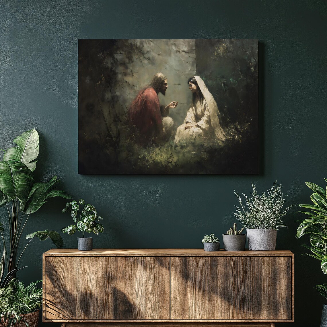 Biblical Scene Robed Man Veiled Woman Forest Clearing Painting Poster