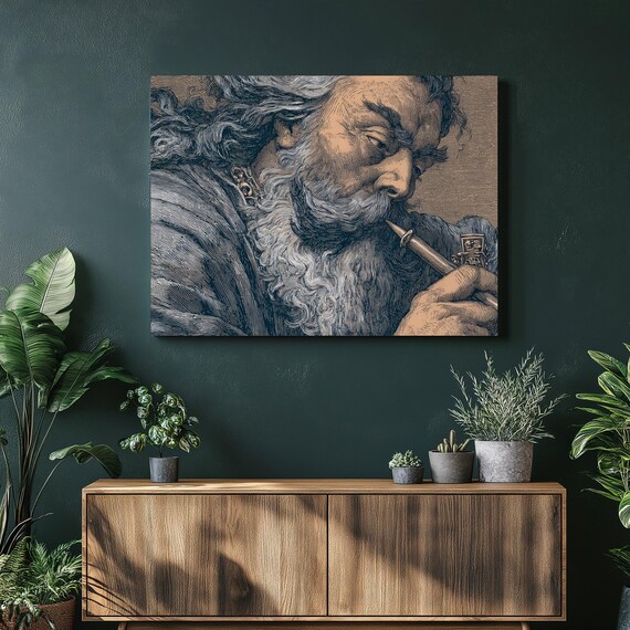 Vintage Bearded Pipe Smoker Engraved Portrait Classic Wall Art