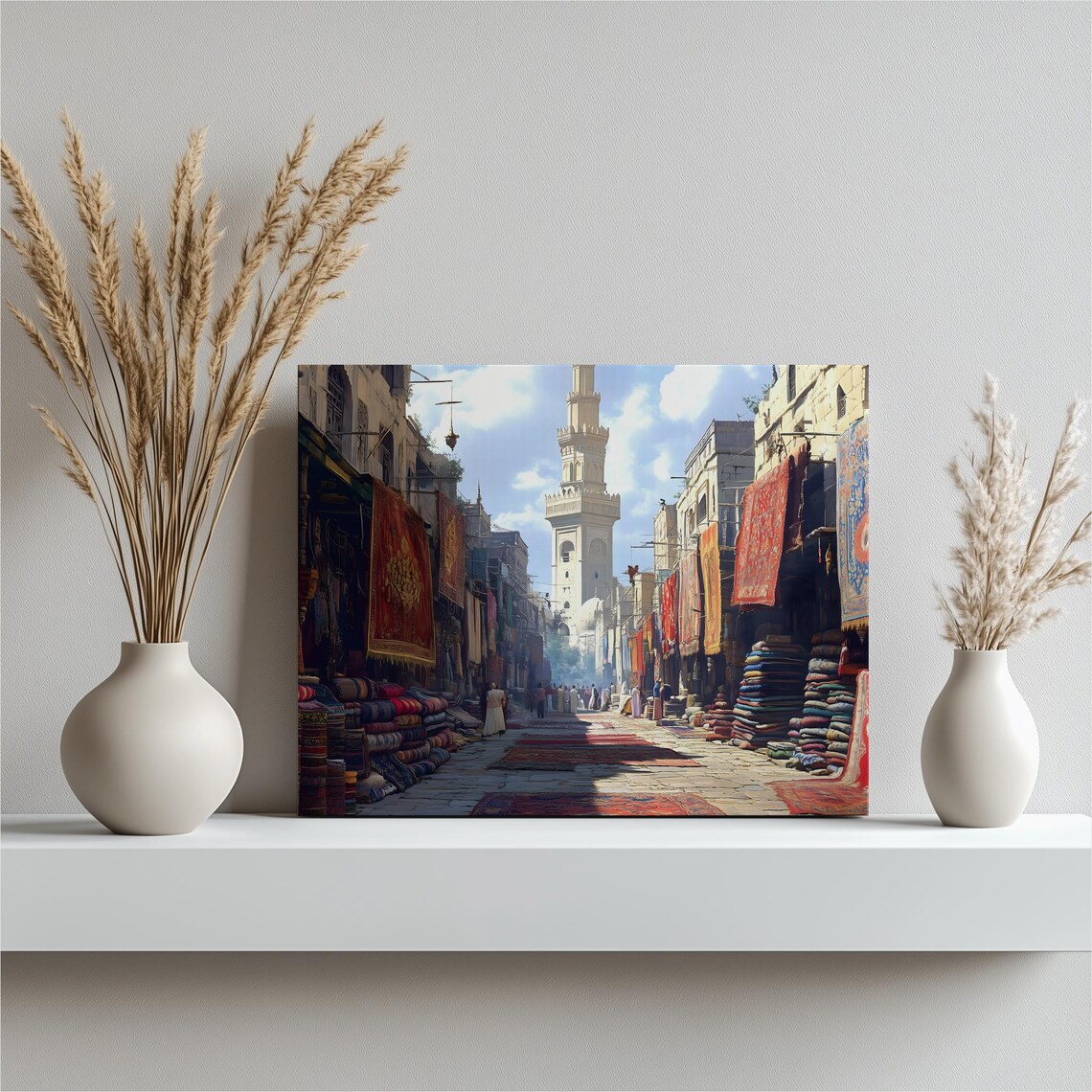 Old Rug Bazaar Street Market Stalls And Minaret Canvas Wall Art