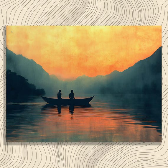 Serene Sunset Boat Canvas Wall Art Modern Mountain Lake Painting Print Tranquil Nature Gift Decor Impressionist Reflection Landscape