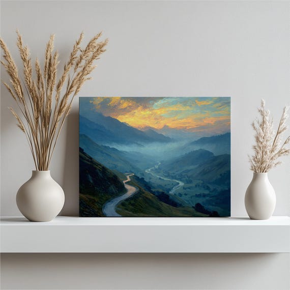 Misty Mountain Sunrise Canvas Wall Art Impressionist Winding Road In Valley Landscape Painting Colorful Nature Print
