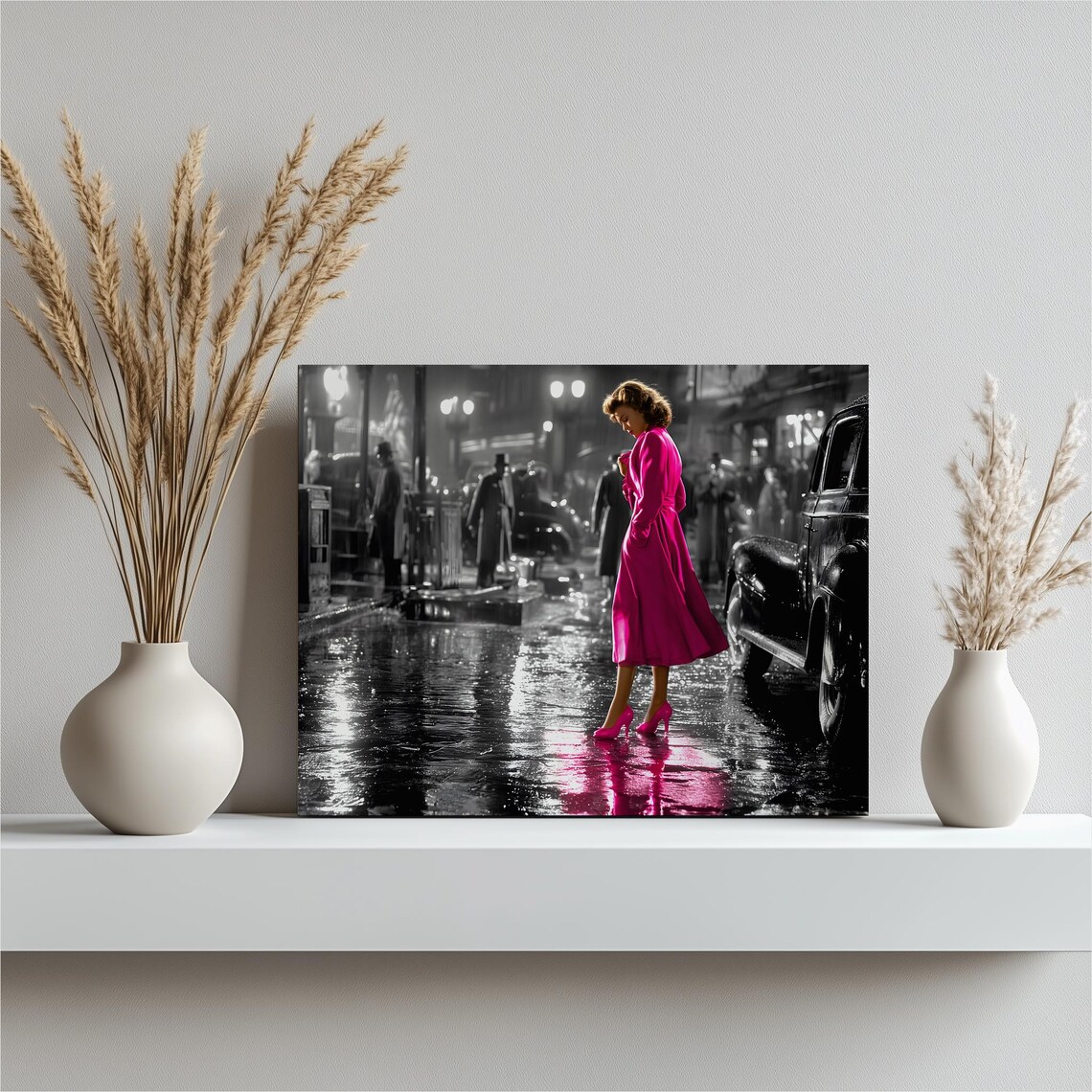 Noir Rainy City Pink Coat Reflection Street Photography Poster