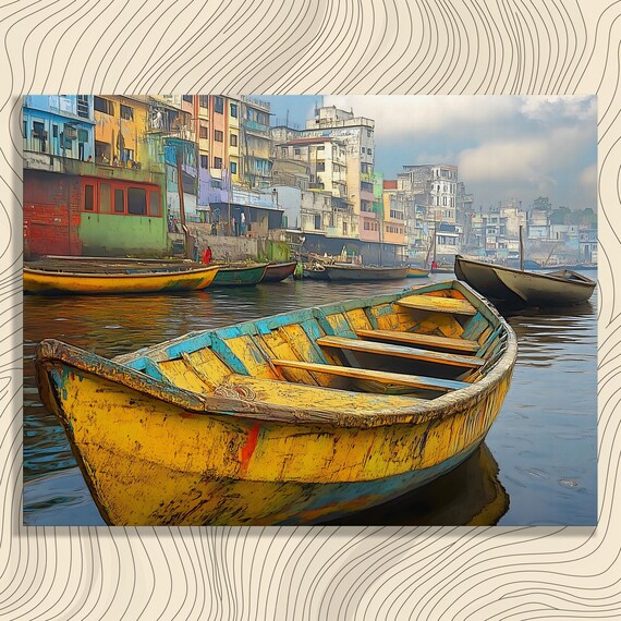 Colorful Boat Cityscape Canvas Wall Art Nautical Decor River Painting Urban Waterfront Print With Weathered Yellow Water Reflections