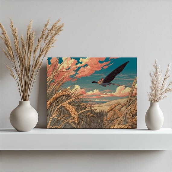 Surreal Wheat Field Canvas Wall Art Flying Mouse At Sunset Over Golden Farmland Fantasy Landscape Colorful Countryside Print