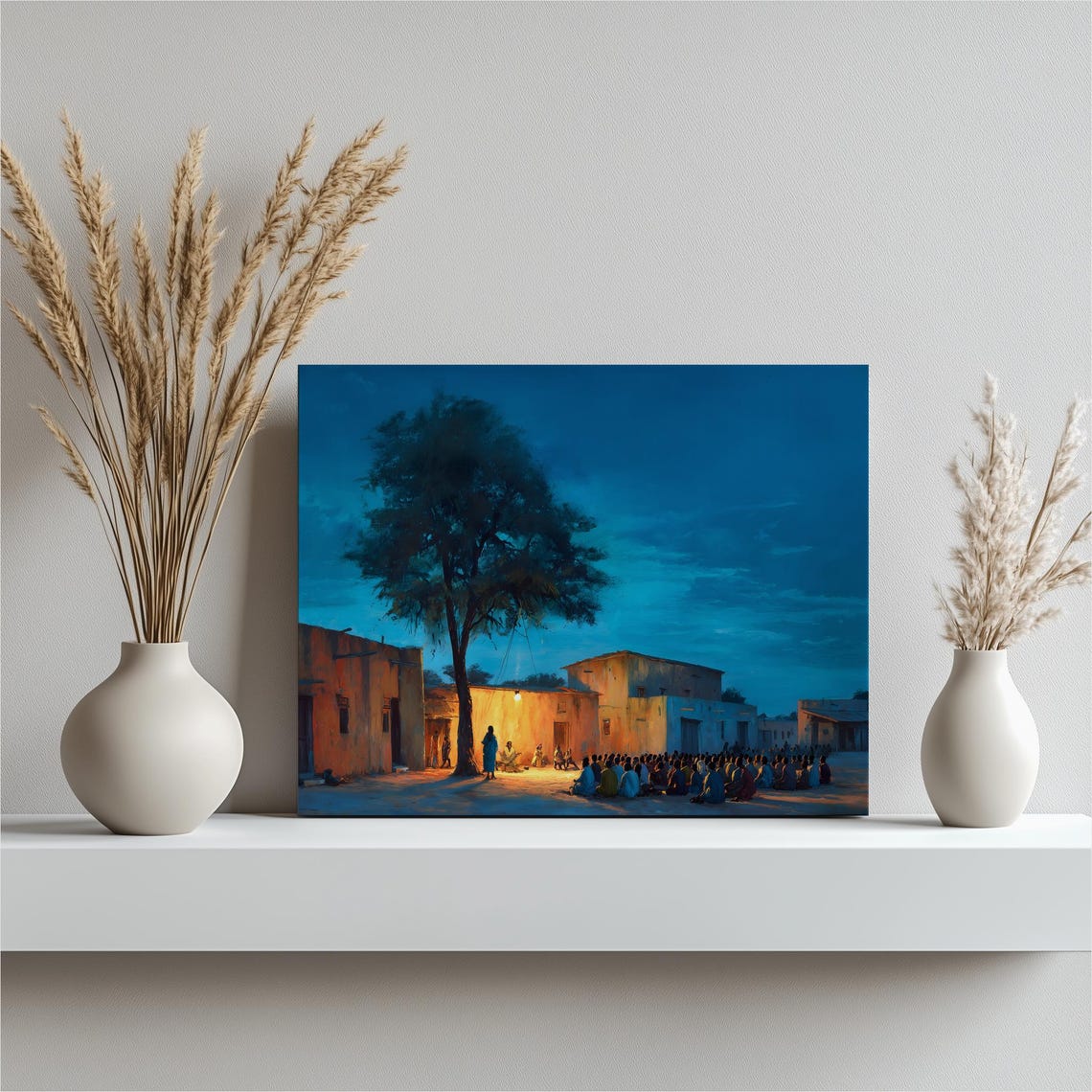 Night Village Gathering Under Tree Lantern Glow African Scene Print