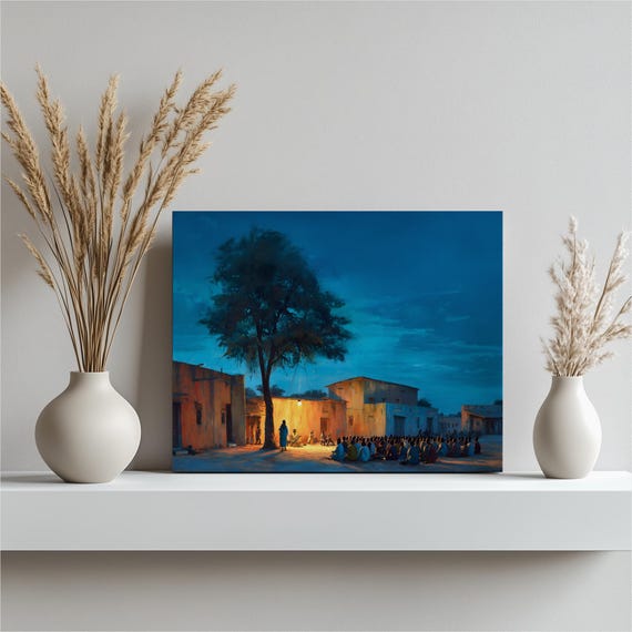 Vibrant Village Canvas Wall Art Colorful Evening Courtyard With Lantern Glow And Blue Night Sky Storytelling Print Home Decor Gift