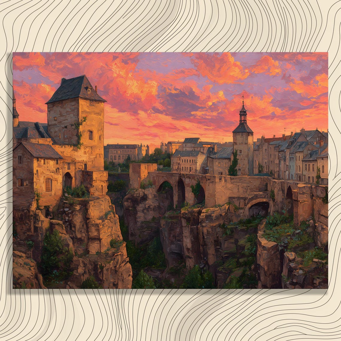 Medieval Stone Town Arched Bridge Fiery Sunset Landscape Poster
