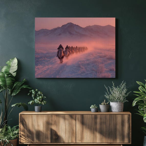 Camel Caravan Sunrise Canvas Wall Art Pink Mountains Snow Landscape Nomad Travelers Desert Print Winter Scene Colorful Animal Decor