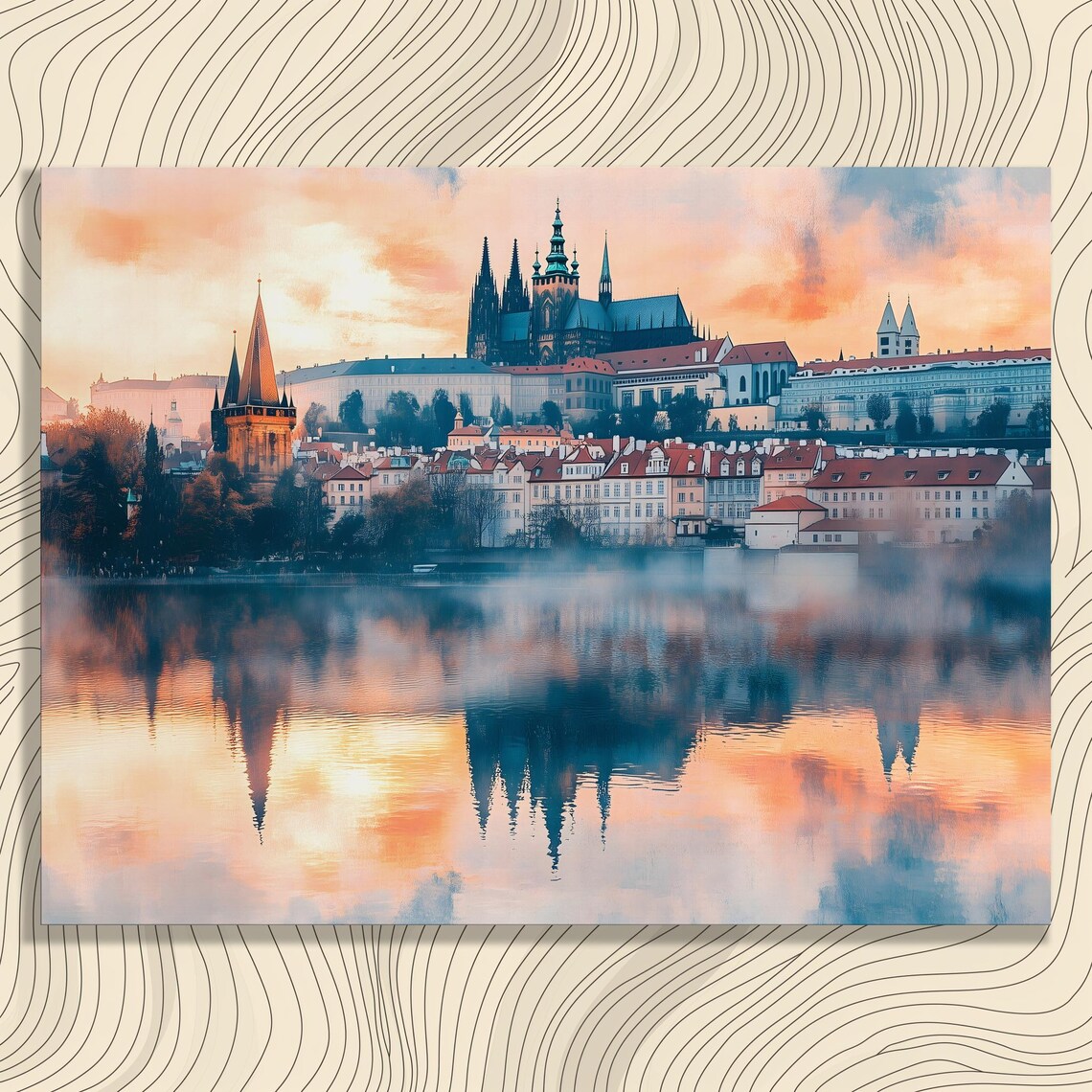 Cityscape Canvas Wall Art Serene Historical Architecture River Reflection Sunset Landscape Print Modern Impressionist Urban Skyline