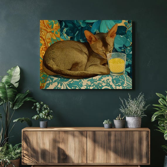 Colorful Cat Canvas Wall Art Modern Feline Illustration Floral Botanical Teal And Gold Decor Turquoise Accent Gift For Lovers