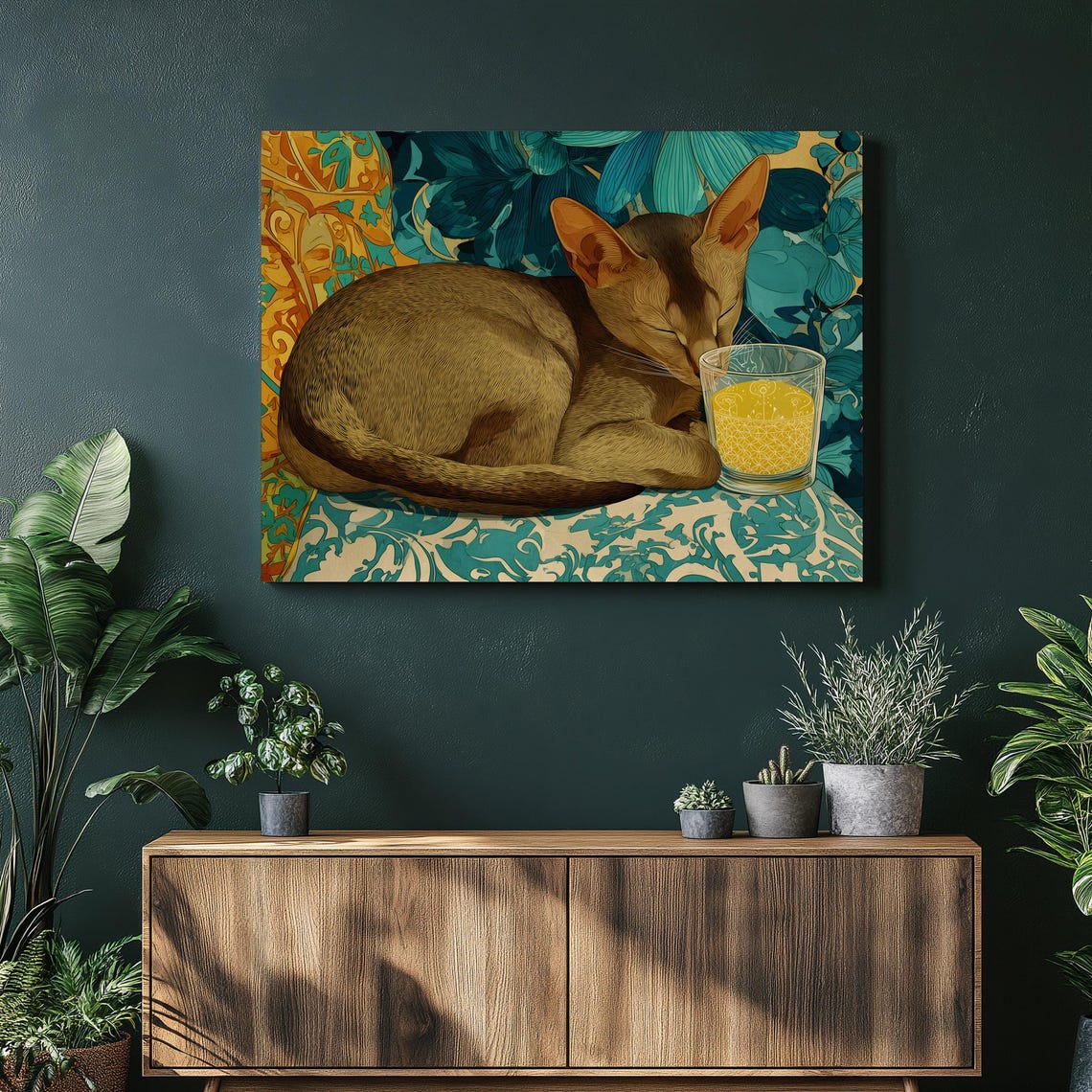 Sleeping Abyssinian Cat Citrus Drink Teal Floral Cozy Wall Art
