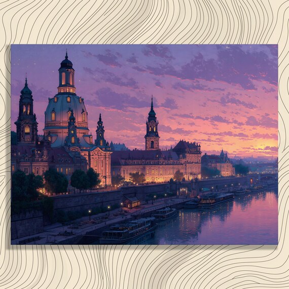 German Cityscape Canvas Wall Art Sunset Silhouette Riverside Architecture Print Pastel City Skyline Landscape Decor Building Poster
