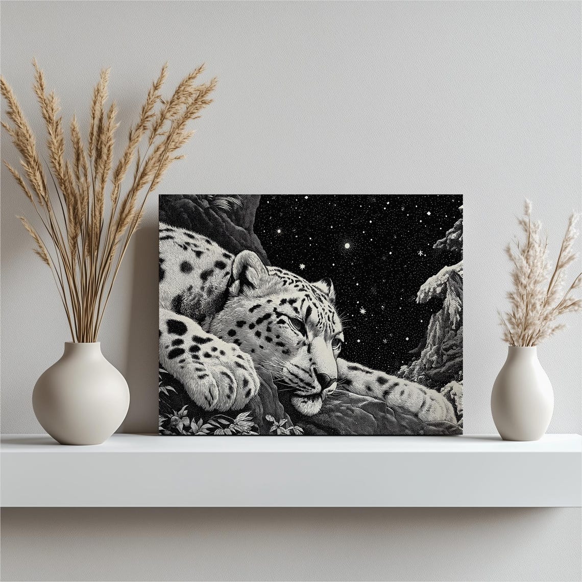 Snow Leopard Canvas Wall Art Black And White Night Sky Mountain Minimalist Dotwork Illustration Wildlife Portrait Nature Lovers Gift