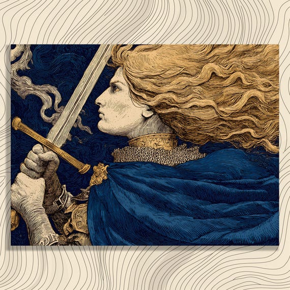 Medieval Female Knight Canvas Wall Art Vintage Gothic Illustration Arthurian Legend Sword And Chainmail Blue Cape Fantasy Warrior Print