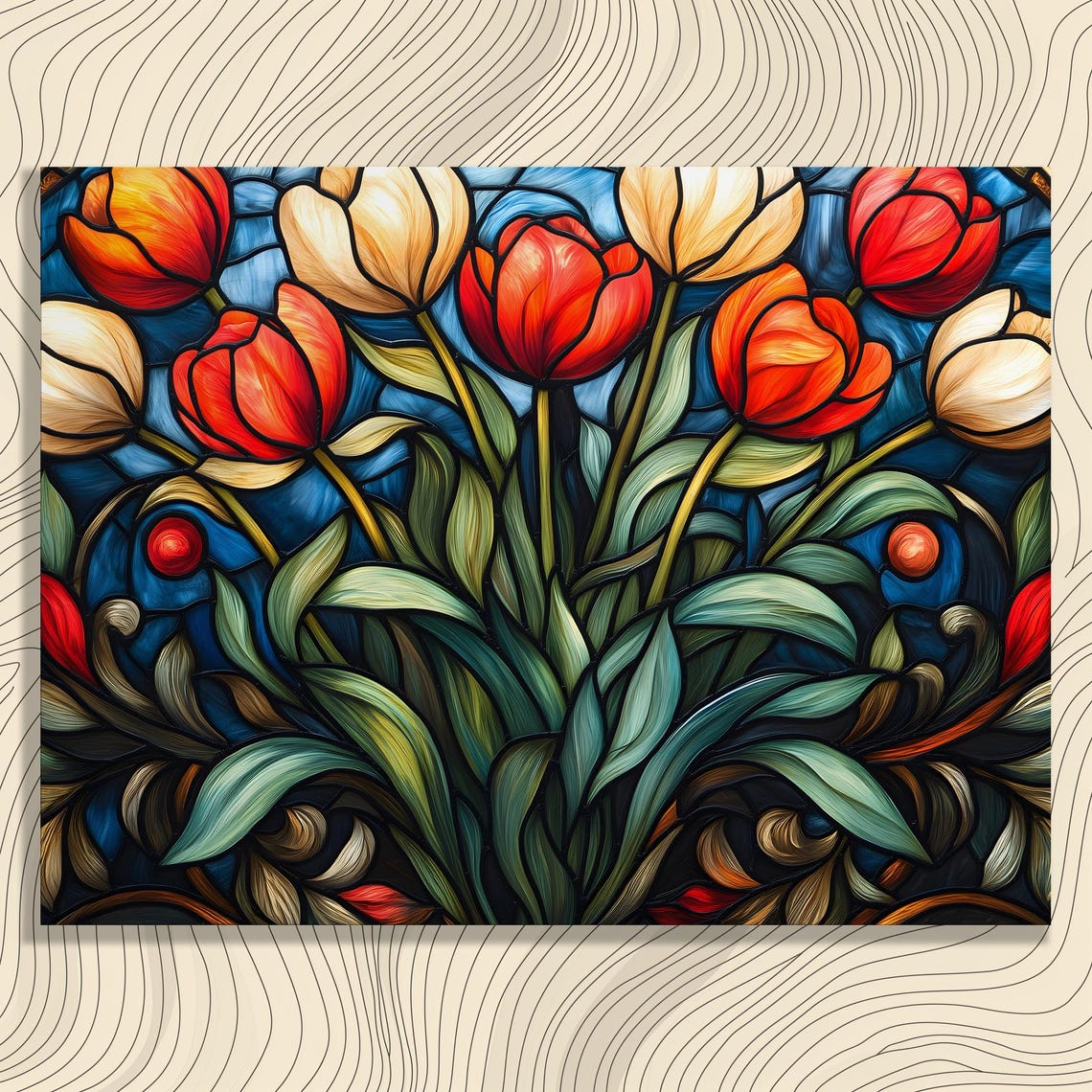 Stained Glass Tulips Red White And Orange Floral Artwork Poster