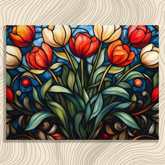 Stained Glass Tulips Red White And Orange Floral Artwork Poster