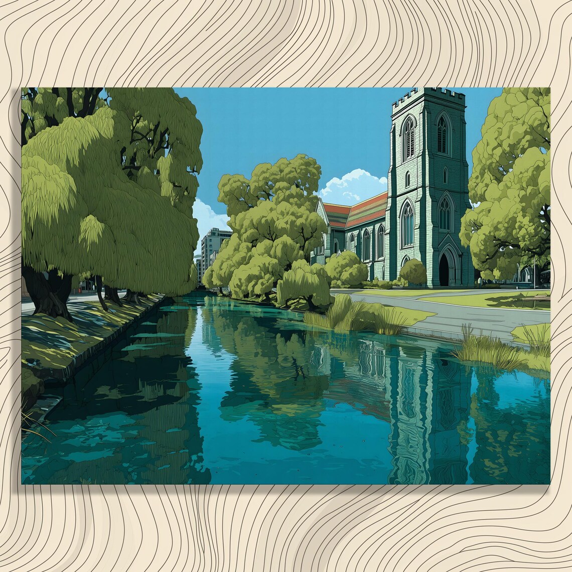 Willow River Church Tower Modern Travel Illustration Art Poster