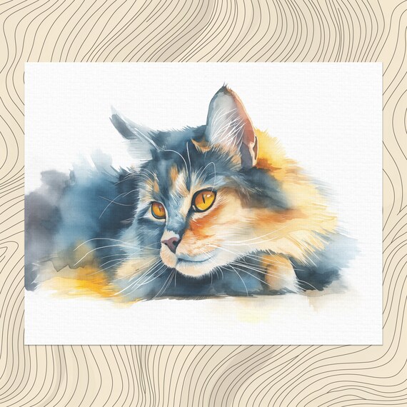 Long Haired Cat Watercolor Portrait Golden Eyes Cute Pet Art Poster