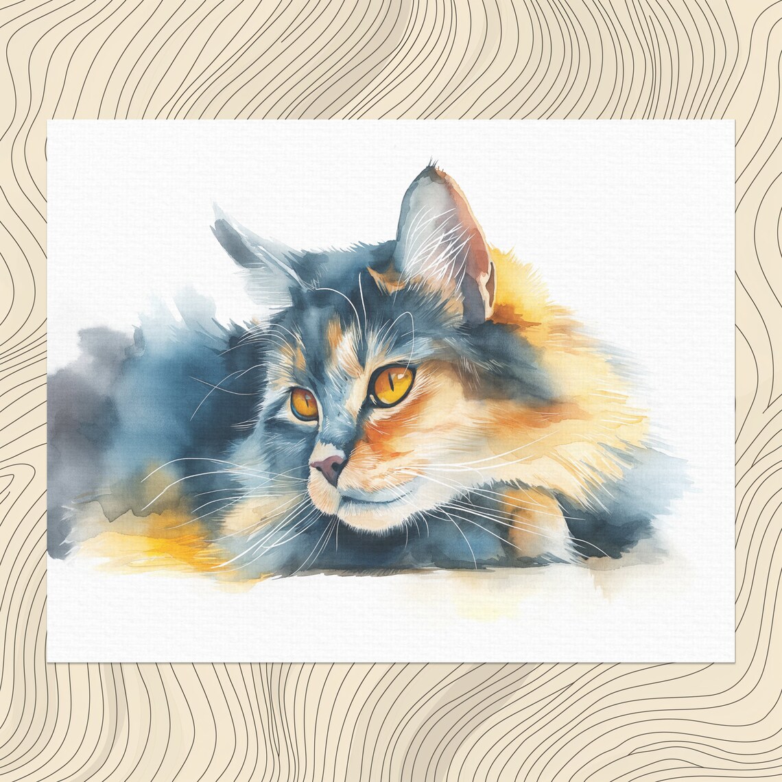 Long Haired Cat Watercolor Portrait Golden Eyes Cute Pet Art Poster