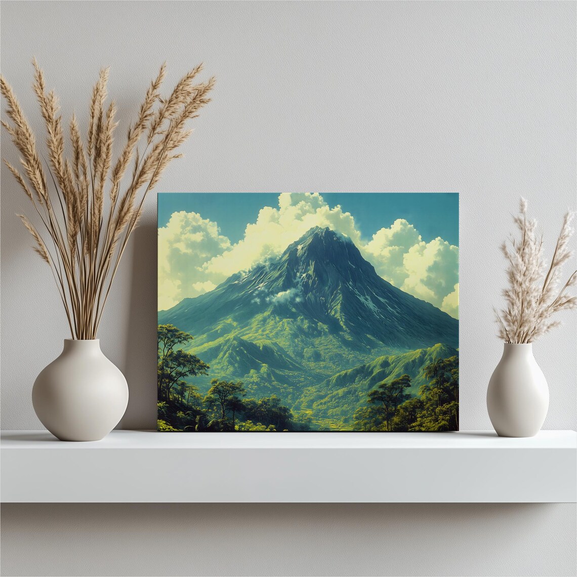 Majestic Lush Green Volcano Peak Mountain Landscape Cloud Poster